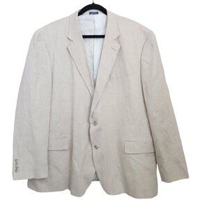 Stafford Linen Cotton Check Herringbone Blazer Mens 50R Beige Summer Sports Coat